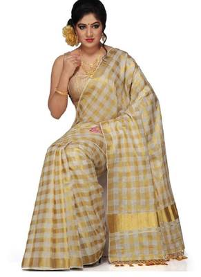 off white checked woven design zari pure cotton kasavu saree 2