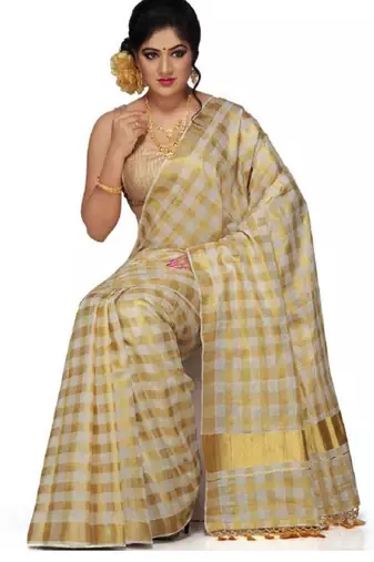 off white checked woven design zari pure cotton kasavu saree