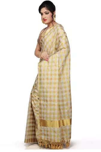 off white checked woven design zari pure cotton kasavu saree