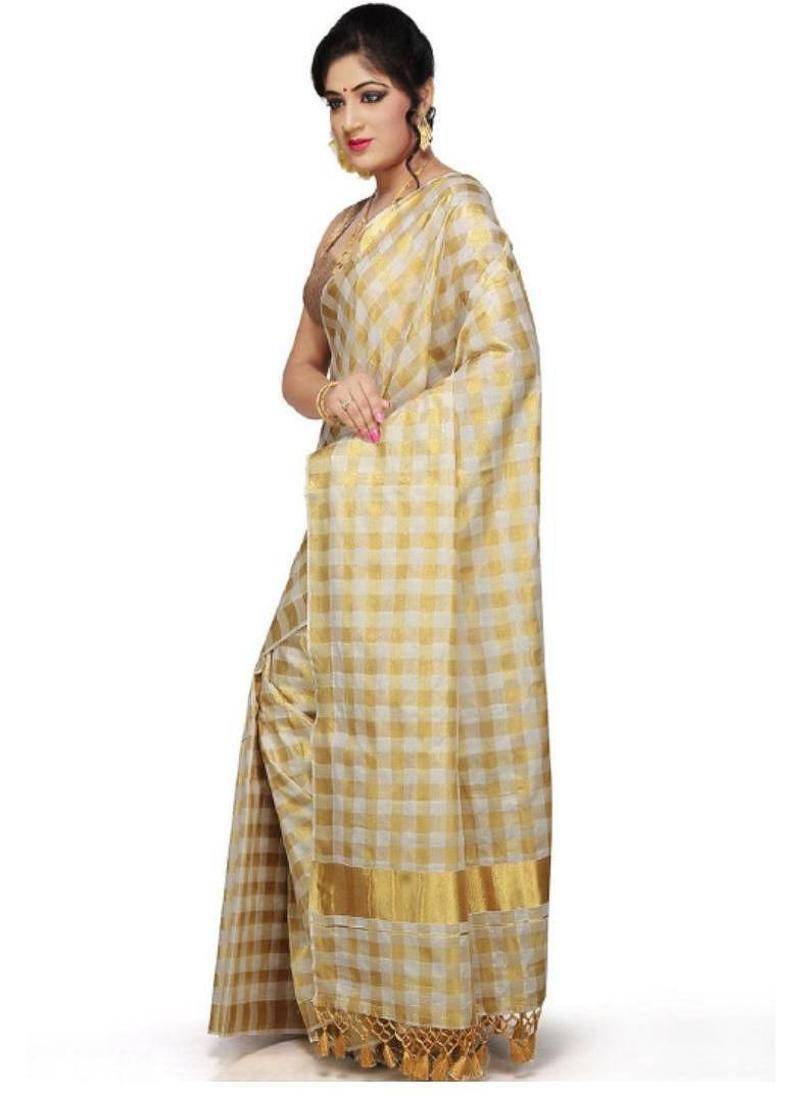 Checked woven design zari pure cotton kasavu saree