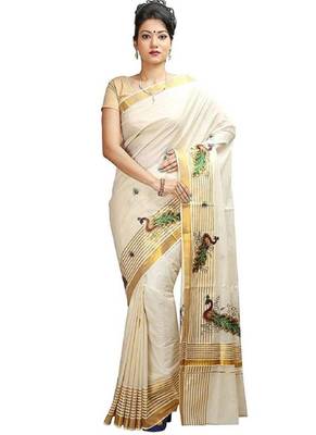 off white peacock border pure cotton kasavu saree 1