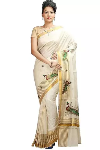 off white peacock border pure cotton kasavu saree