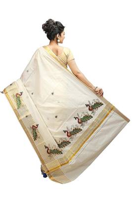 off white peacock border pure cotton kasavu saree 3