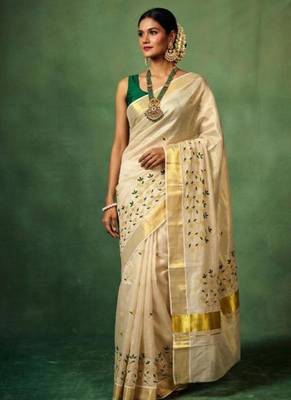 white floral embroidered tissue handloom kasavu saree 1