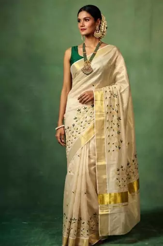 Floral embroidered tissue handloom kasavu saree