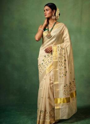 white floral embroidered tissue handloom kasavu saree 3
