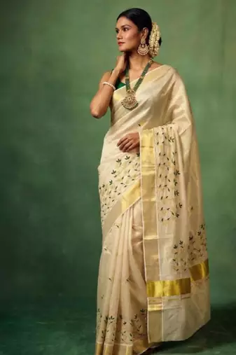 Floral embroidered tissue handloom kasavu saree