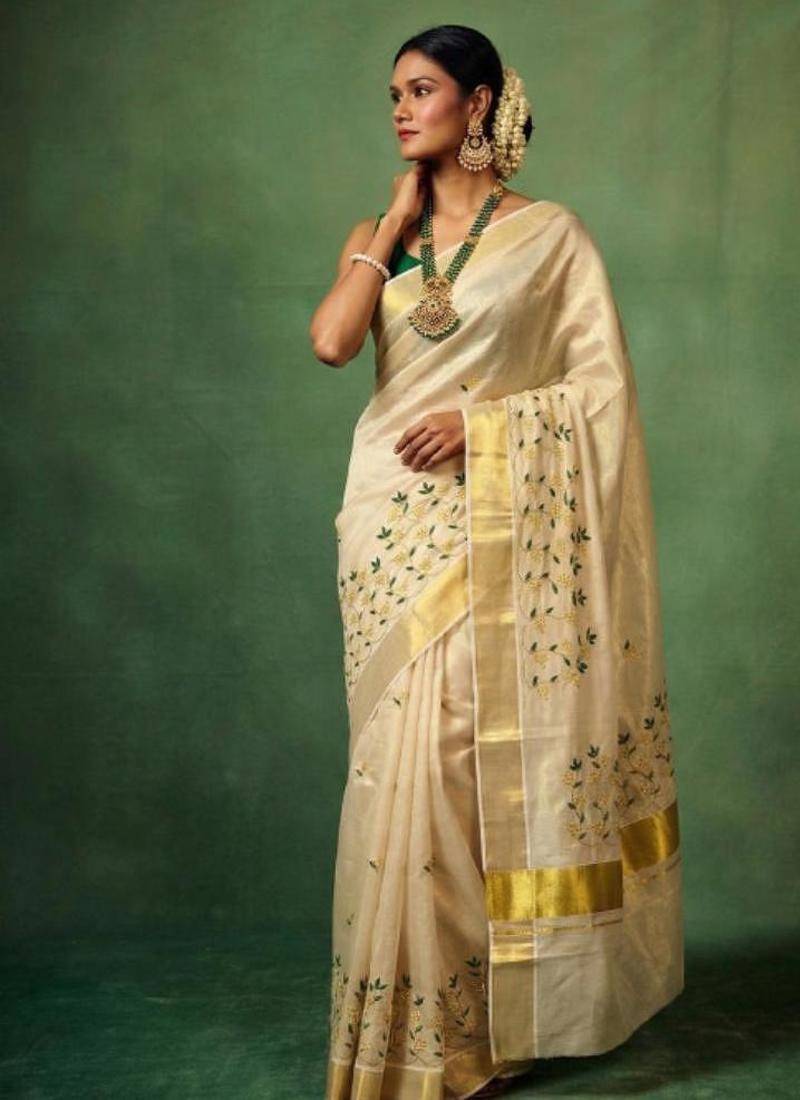 Floral embroidered tissue handloom kasavu saree