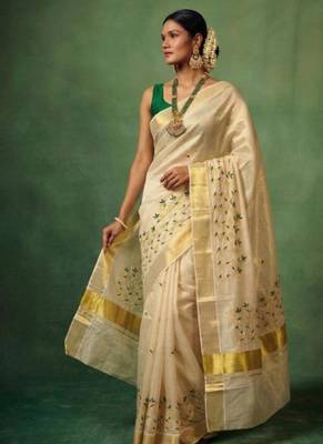 white floral embroidered tissue handloom kasavu saree 4