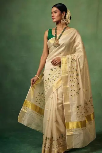 Floral embroidered tissue handloom kasavu saree