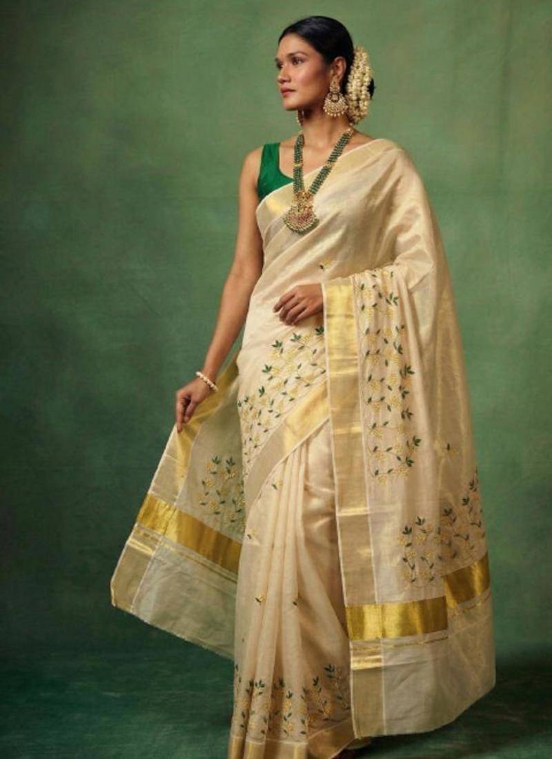 Floral embroidered tissue handloom kasavu saree