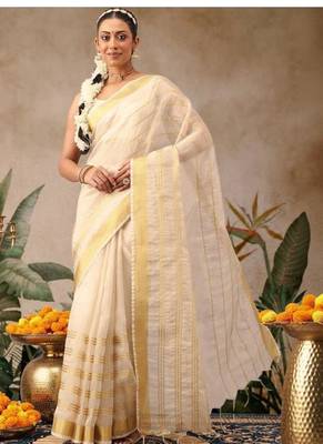 off white silk blend fusion kasavu saree with zari work 1