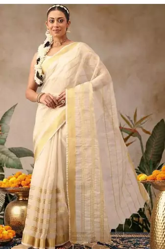 Woven design zari silk blend fusion kasavu saree