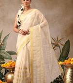 Woven design zari silk blend fusion kasavu saree