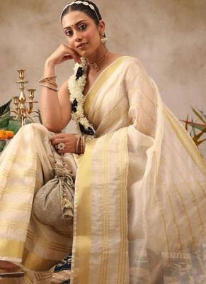 off white silk blend fusion kasavu saree with zari work 3
