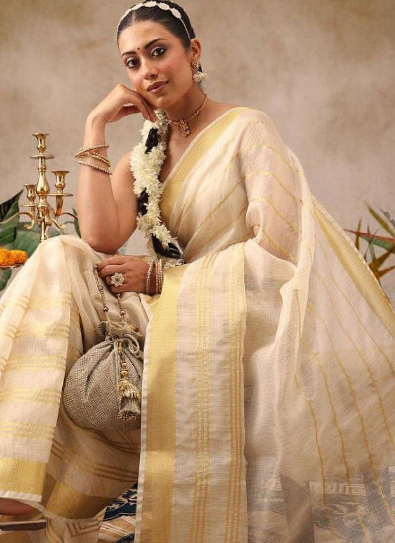Woven design zari silk blend fusion kasavu saree