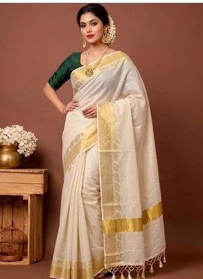off white checked pure cotton designer saree with zari work 1