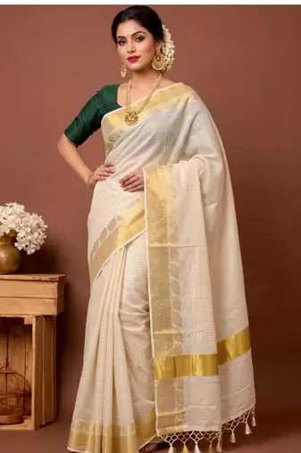 Checked zari pure cotton designer kasavu saree