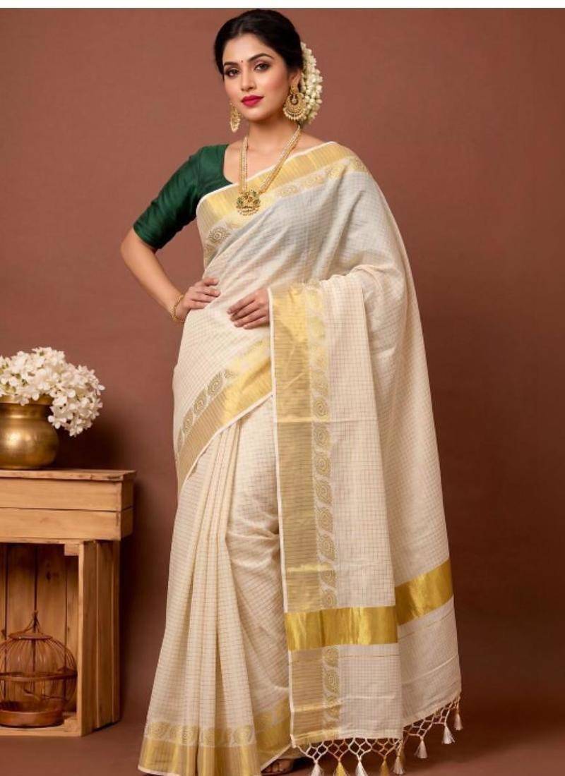 Checked zari pure cotton designer kasavu saree