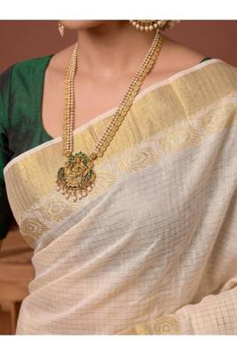 off white checked pure cotton designer saree with zari work 3