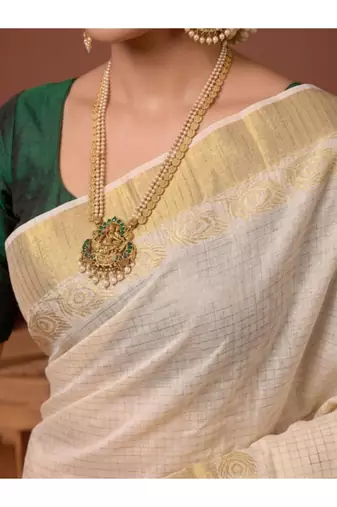 Checked zari pure cotton designer kasavu saree