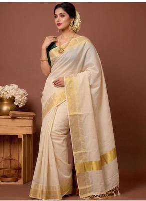 off white checked pure cotton designer saree with zari work 4