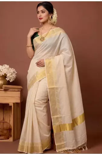 Checked zari pure cotton designer kasavu saree
