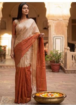 beige woven design tissue handloom kasavu saree 1