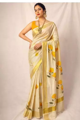 Leaf embroidery kasavu tissue kerala running blouse sarees