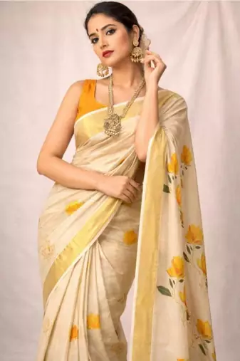 Leaf embroidery kasavu tissue kerala running blouse sarees