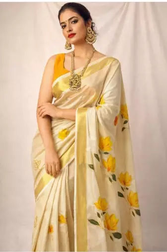 Leaf embroidery kasavu tissue kerala running blouse sarees