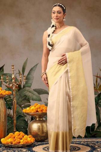 Woven design zari silk blend fusion kasavu saree