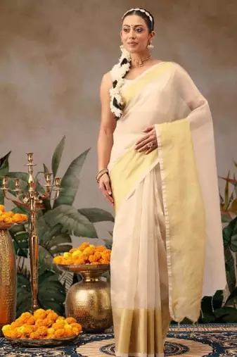 Woven design zari silk blend fusion kasavu saree