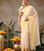 Woven design zari silk blend fusion kasavu saree