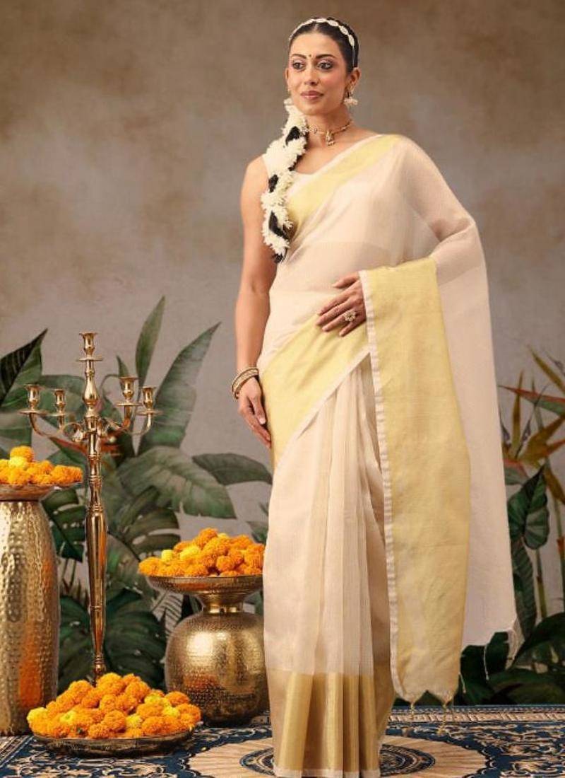 Woven design zari silk blend fusion kasavu saree