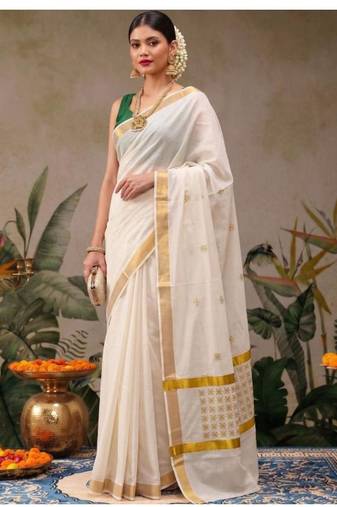 Ethnic motifs embroidered pure cotton designer kasavu saree