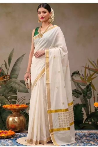 Ethnic motifs embroidered pure cotton designer kasavu saree