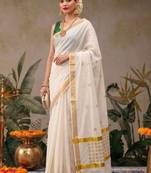 Ethnic motifs embroidered pure cotton designer kasavu saree