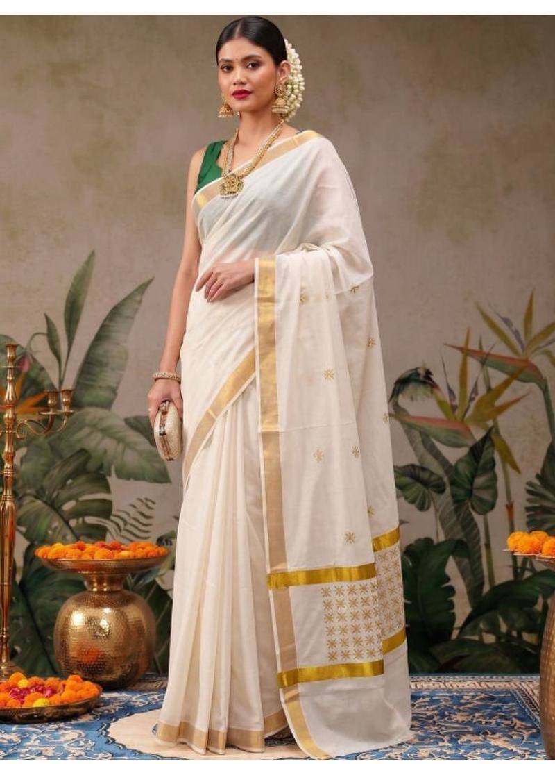 Ethnic motifs embroidered pure cotton designer kasavu saree