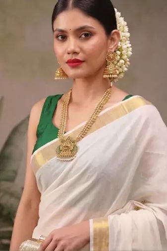 Ethnic motifs embroidered pure cotton designer kasavu saree