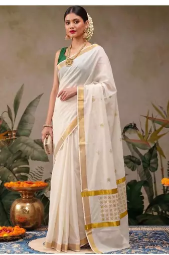 Ethnic motifs embroidered pure cotton designer kasavu saree