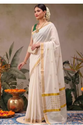 Ethnic motifs embroidered pure cotton designer kasavu saree