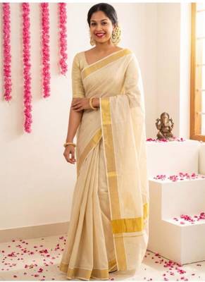 off white tissue handloom kasavu saree 1