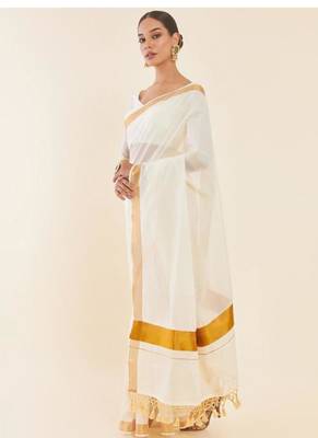 off white pure cotton kasavu saree with zari embroidery design 2