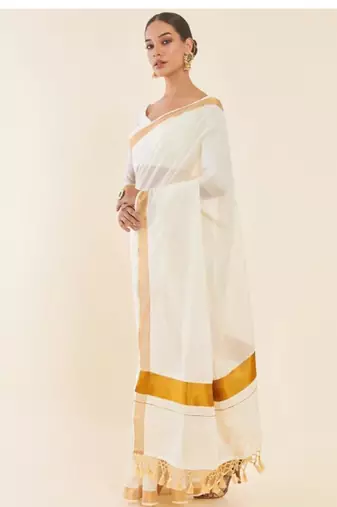 Off-white & gold zari pure cotton kasavu saree