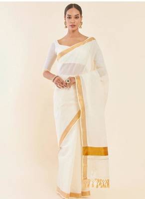 off white pure cotton kasavu saree with zari embroidery design 3