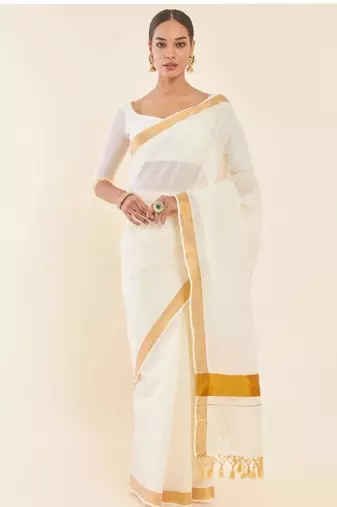 Off-white & gold zari pure cotton kasavu saree