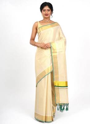 off white zari woven design tissue kasavu saree with green detailing 4