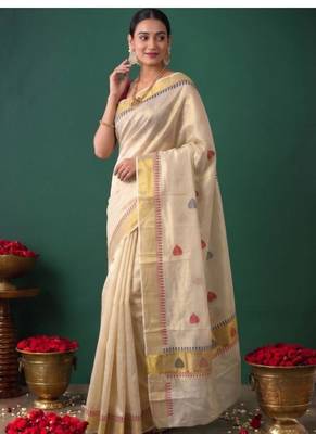 off white woven design zari tissue designer kasavu saree 3