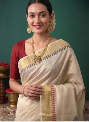 off white woven design zari tissue designer kasavu saree 4